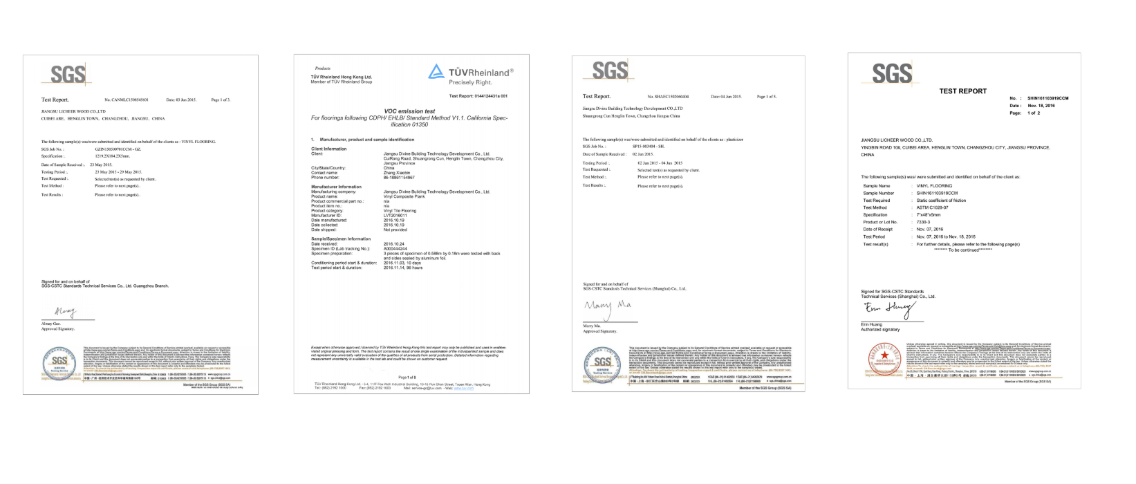 Test report SGS e TÜV Rheinland su pavimenti vinilici delle fabbriche partner STRATO